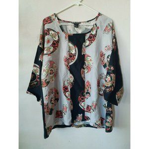 Citron Santa Monica M Asian Print Linen Silk Blend Tunic Top Floral Oversized